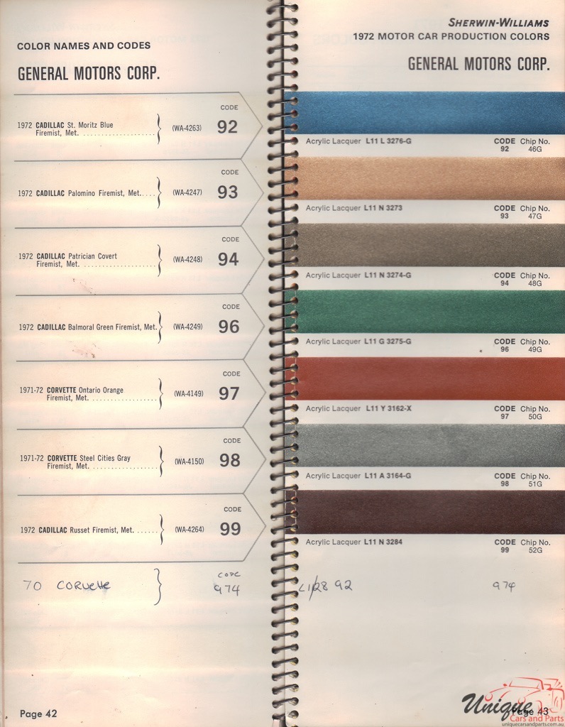 1972 General Motors Paint Charts Williams 6